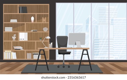 Dark business room interior with pc computer on work desk and shelf with documents, carpet on hardwood floor.