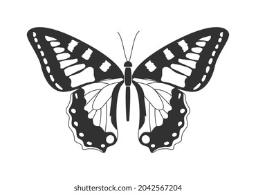 Dark butterfly with light spots on wings. Simple template with insect. Design for stickers, websites and applications. Cartoon contemporary flat vector illustration isolated on white background