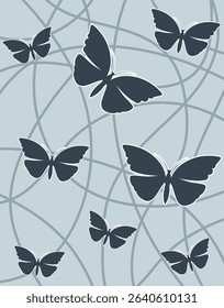 Dark butterfly silhouettes on soft blue abstract background