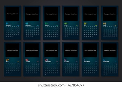 Dark calendar Planner Template for 2018. Vector design editable template with place for photo or image.