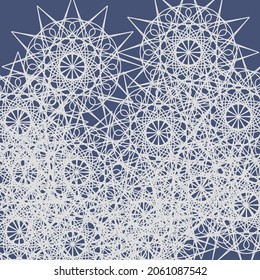 Dark Calm Vintage Blue Lace Silver Pastel Ornamental Wallpaper. Folk Complicated Print Winter Mandala White Indigo Mystery Background. Cold Chaotic Stars Ice Frost Light Luxury Grey Ornament.