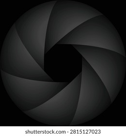 A Dark camera lens aperture shutter diaphragm open on a black background