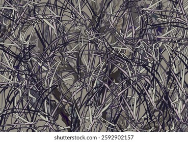 Dark camouflage background created by plant and animal elements. Chaotic forest motifs for fashion trends, business concepts, covers, interiors, tiles, prints, posters, fabrics, textiles, etc. Vector