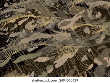 Dark camouflage background with lines and stains for textiles or covers. Textural backdrop for fashion trends, tiles, prints on T-shirts, fabric products, dynamic posters, scrapbooking, interiors