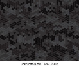 Dark camouflage pattern with honeycomb pixels. Ornament for wrapping paper, clothes, accessories, background, prints. Vector simple illustration