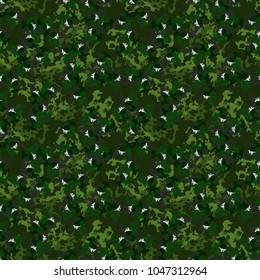 Dark camouflage seamless pattern in different shades of green color with light inclusions. Vector camo print for clothes, backdrop for sites, wallpaper etc.