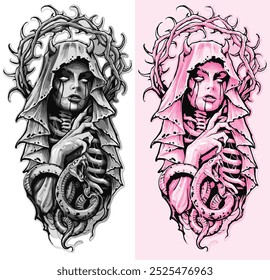 A dark and captivating tattoo design featuring a hooded figure with a skeletal body, wrapped in snakes, and crowned with thorny branches. The monochrome style adds an eerie, gothic aesthetic