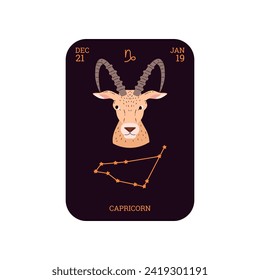 Dark card with Capricorn zodiac sign flat style, vector illustration isolated on white background. Horoscope, astrology and esoteric, decorative design element for print or web