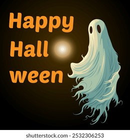 Tarjeta oscura con fantasma flotante y texto naranja brillante "Feliz Halloween". Perfecto para tarjetas festivas, promociones de eventos o decoraciones temáticas de Halloween. Diseño minimalista y sencillo.