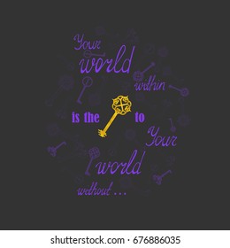 Dark Card with Purple Lettering and Golden  Textured Key. Vector EPS 10