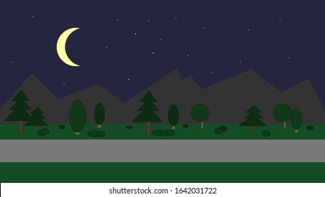 dark cartoon background with trees and road