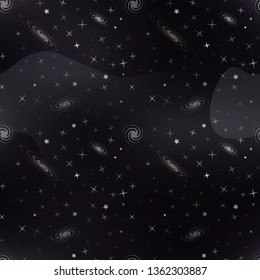 Dark cartoon deep space background with lots of white stars and galacticas on black, cosmos seamless pattern