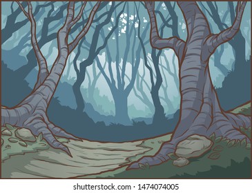 Dark cartoon foggy forest background. Vector illustration with simple gradients. Some elements on separate layers. 
