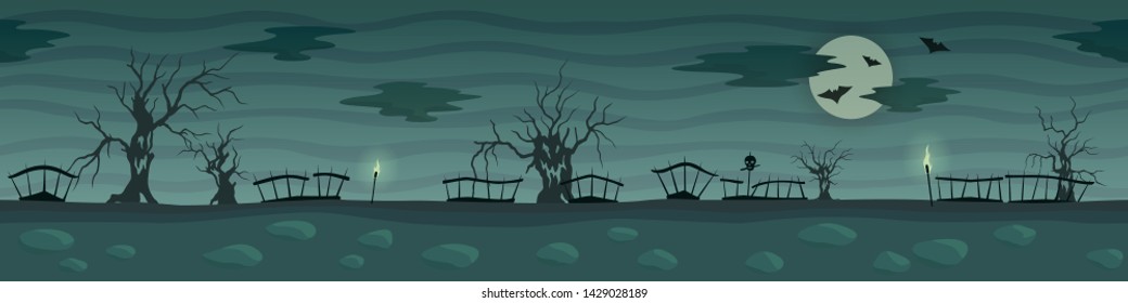 Dark cartoon landscape with creepy trees silhouettes and full moon