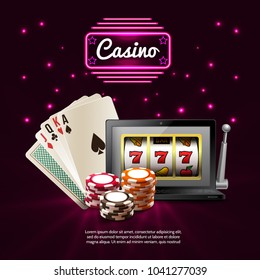 Dark casino realistic composition with glowing signboard and isolated attributes of games vector illustration
