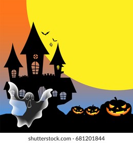 Dark castle with bat pumpkins and ghost under the moon in halloween night vector
