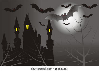 Dark castle with bats in the full moon 