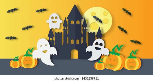 Dark castle with cute ghosts , pumpkins and bats . Happy Halloween. greeting card and banner . paper cut and craft style. vector, illustration. 