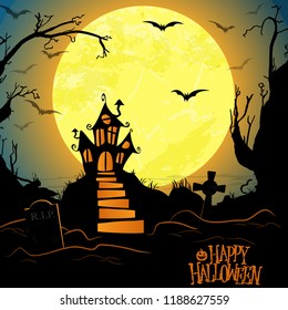 dark castle in front of full moon with scary illustrated elements for Halloween background layouts