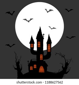 dark castle in front of full moon with scary illustrated elements for Halloween background layouts