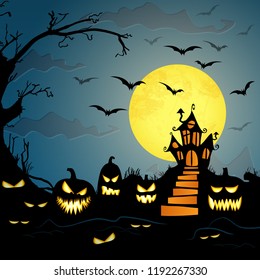 dark castle in front of full moon with scary illustrated elements for Halloween background layouts