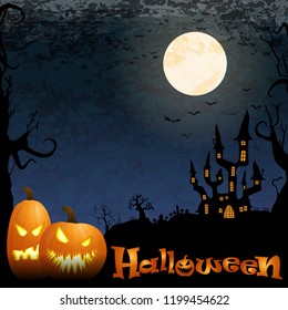 dark castle in front of full moon with scary illustrated elements for Halloween background layouts