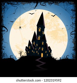 dark castle in front of full moon with scary illustrated elements for Halloween background layouts