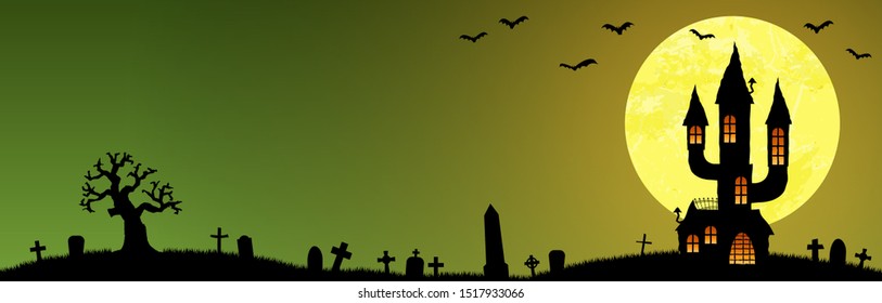 dark castle in front of full moon with scary illustrated elements for Halloween background layouts
