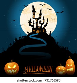 dark castle in front of full moon with scary illustrated elements for Halloween background layouts