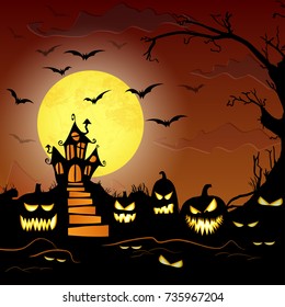 dark castle in front of full moon with scary illustrated elements for Halloween background layouts