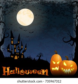 dark castle in front of full moon with scary illustrated elements for Halloween background layouts