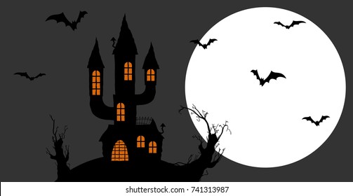 dark castle in front of full moon with scary illustrated elements for Halloween background layouts