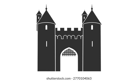 Dark castle gate with towers silhouette