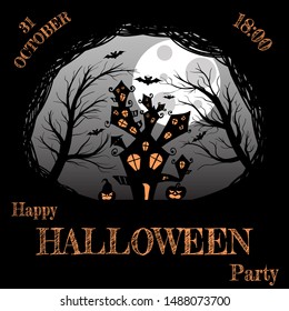 Dark castle with halloween pumpkins on a background of the moon with bats and trees.