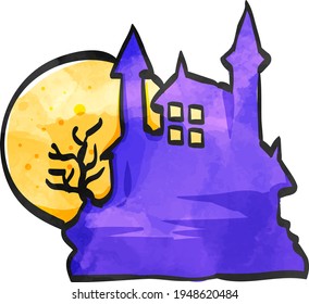Dark castle icon in color drawing. Halloween symbol path moon building spooky fear