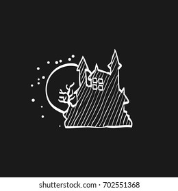 Dark castle icon in doodle sketch lines. Halloween symbol path moon building spooky fear
