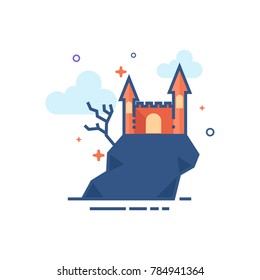 Dark castle icon in outlined flat color style. Vector illustration.