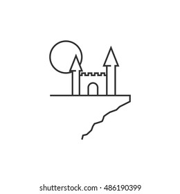 Dark castle icon in thin outline style. Halloween symbol path moon building spooky fear