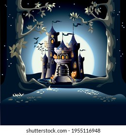 Dark castle in a magical forest with tall trees and moonlight. Fabulous background. Happy Halloween. Vector illustration for poster, flyer, invitation card or fairy tale