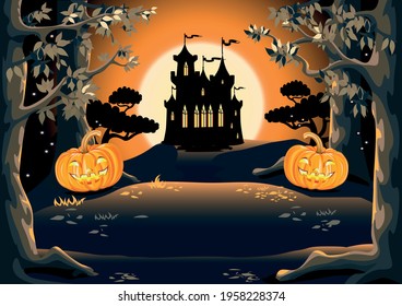 Dark castle in a magical forest with tall trees and moonlight. Fabulous background. Happy Halloween. Vector illustration for poster, flyer, invitation card or fairy tale