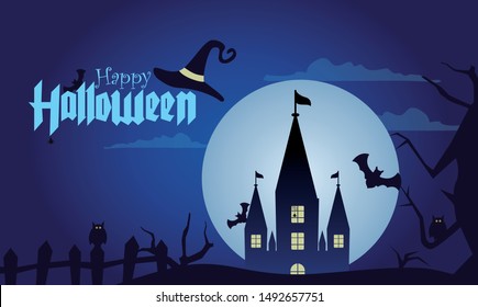 Dark castle on blue Moon background