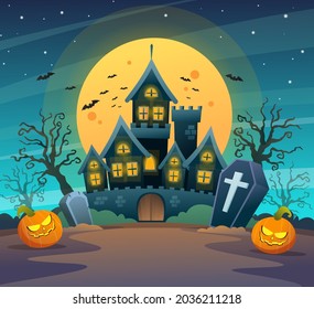 Dark castle with pumpkins on halloween moonlight night concept cartoon illustration