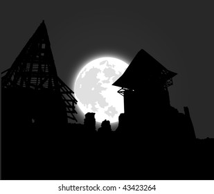 dark castle. ruins and moon. vector illustration