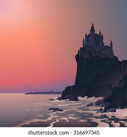 Dark castle. Vector illustration of the single castle on the cliff with big waves and red sunset in the background. Empty space leaves room for design elements or text. Background. Banner. Poster.