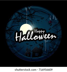 Dark castle, White ghosts and old trees with Halloween text in circle shape . Happy Halloween design illustration. Paper art and craft style