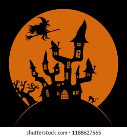 dark castle and witch in front of full moon with scary illustrated elements for Halloween background layouts