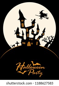 dark castle and witch in front of full moon with scary illustrated elements for Halloween background layouts