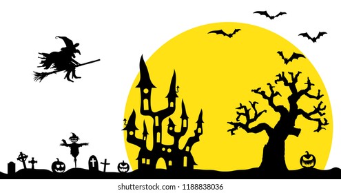 dark castle and witch in front of full moon with scary illustrated elements for Halloween background layouts