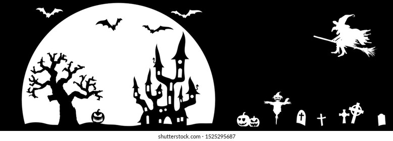 dark castle and witch in front of full moon with scary illustrated elements for Halloween background layouts