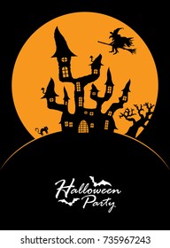 dark castle and witch in front of full moon with scary illustrated elements for Halloween background layouts